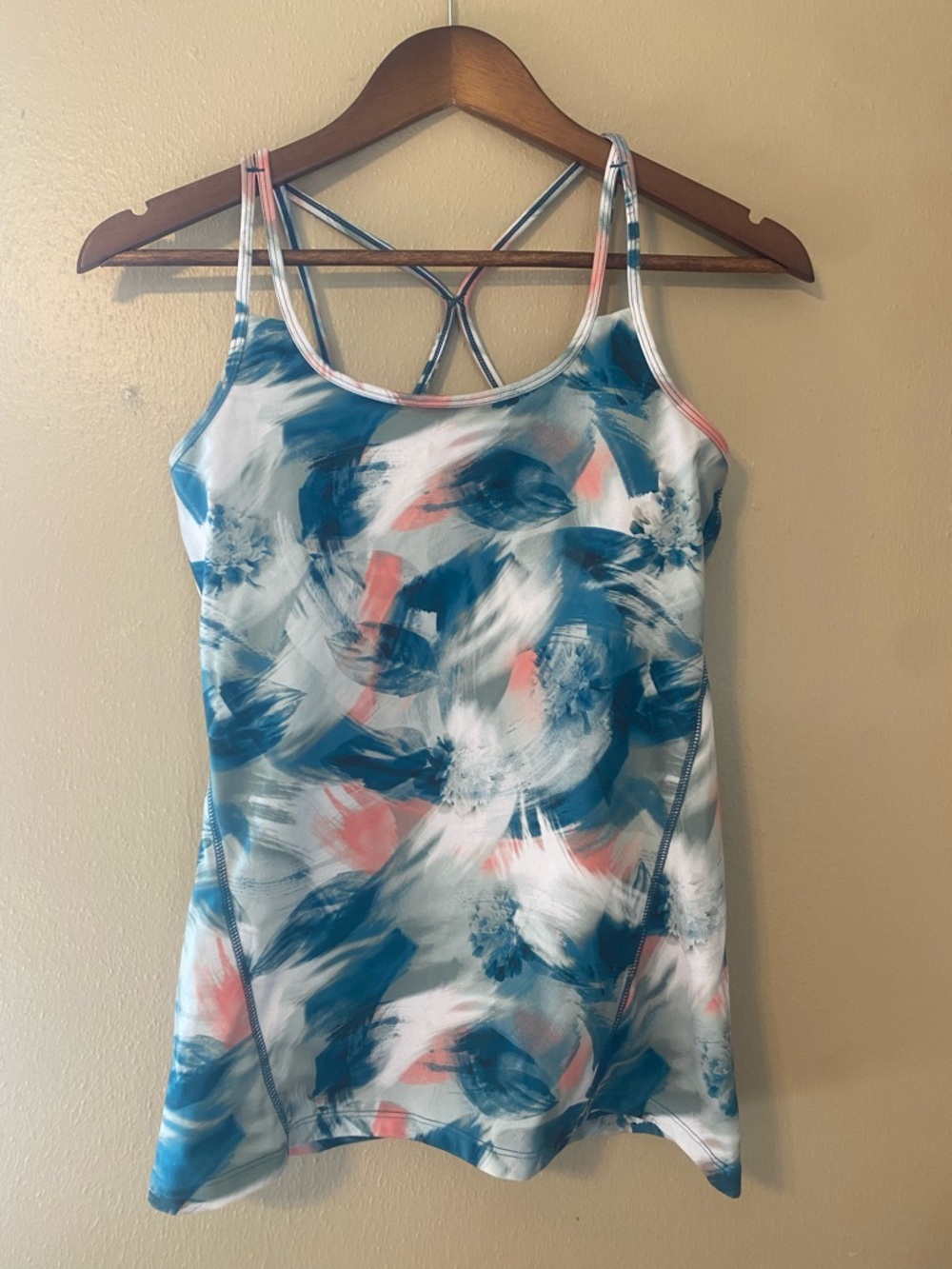 Teal & Coral Strappy Active Workout Tank with Full Support Sewn in Bra